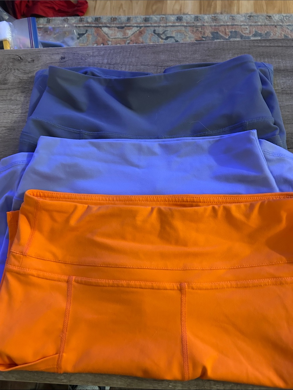 Set of Three Activewear athletic/ bike shorts- Orange, Periwinkle, Slate. Medium